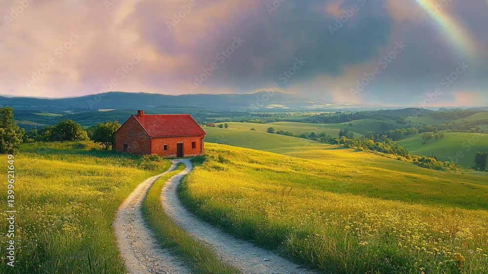 Country house on grassy hill with winding road and vibrant rainbow under dramatic sky seamless looping 4k time-lapse animation video background Country house on grassy hill with winding road and vibrant rainbow under dramatic sky seamless looping 4k time-lapse animation video background