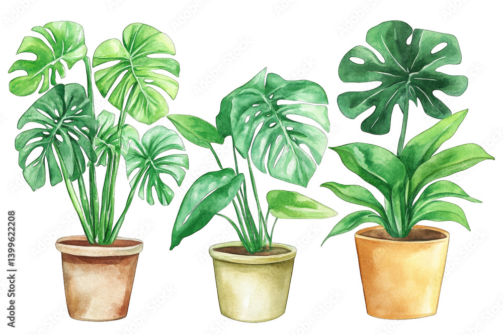 Fototapeta premium three potted plants with lush green leaves showcasing different varieties ideal for home decor or gardening inspiration