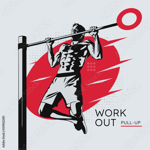 Vector illustration of a muscular man doing a pull-up workout on a bar, showing defined abs and arms. Bold red dynamic background with halftone texture enhances the energy and power of the scene