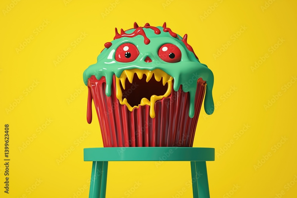 Spooky cupcake on a stool. A monstrous cupcake with dripping green icing and a scary face sits on a teal stool against a yellow background.