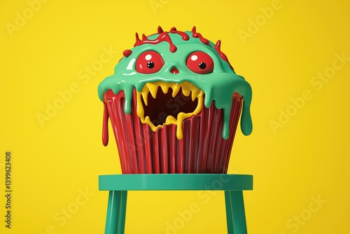 Obraz na płótnie Spooky cupcake on a stool. A monstrous cupcake with dripping green icing and a scary face sits on a teal stool against a yellow background. w salonie