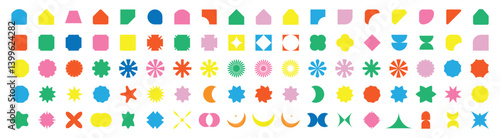 Abstract and basic shapes collection. Brutalist abstract geometric shapes and grids. Brutal contemporary figure star oval spiral flower and other primitive elements. colorful geometric formal shapes