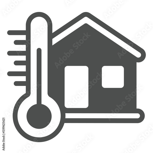 Thermometer with cottage building solid icon, climate change concept. Vector graphics. House outdoors, temperature sign on white background, glyph style icon for mobile or web design.