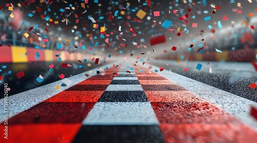 Podium on a racetrack finish line with confetti falling