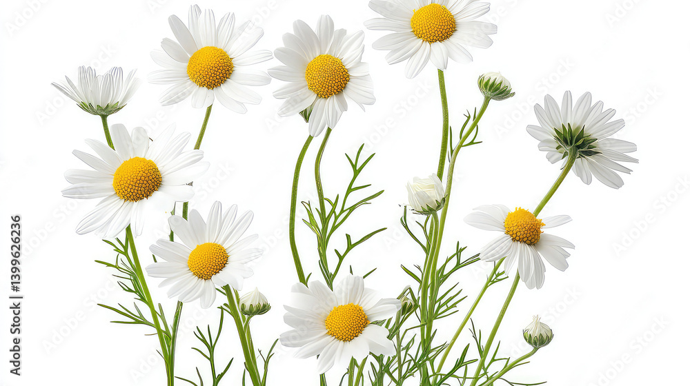 Fototapeta premium Cluster of White Daisies with Yellow Centers on White Background