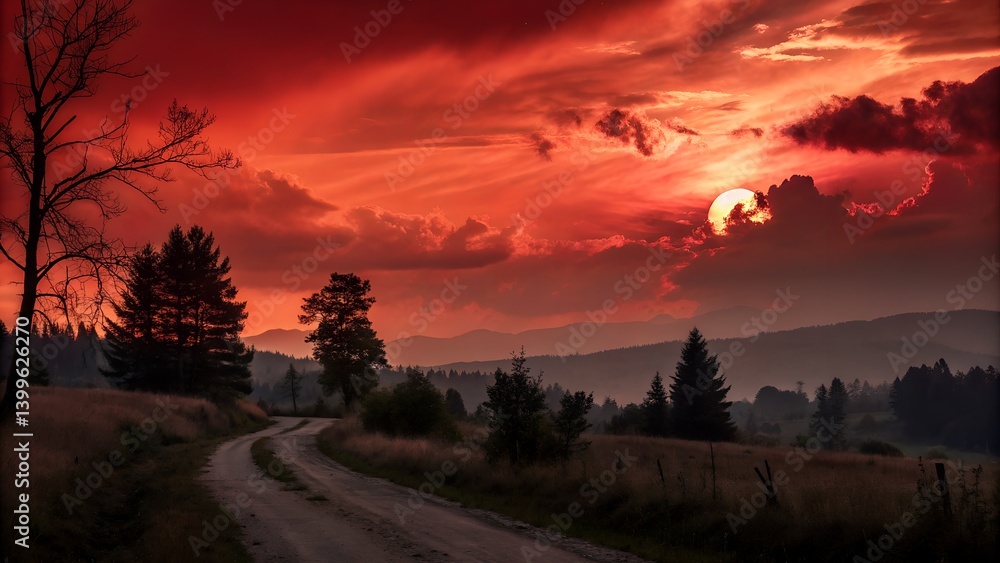 Obraz premium Rural Landscape with Dirt Road and Trees at Crimson Sunset