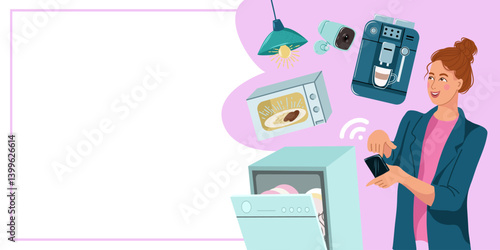 Template of banner for Smart home technology , woman remotely controls home appliances. Design of banner or flyer in flat style, vector illustration