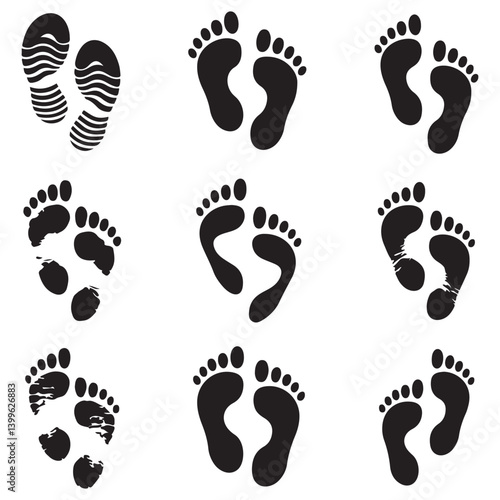 Different human footprints icon. Vector Black silhouettes. with white background