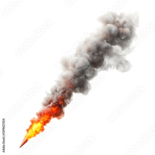 Isolated rocket launch smoke plume effect fire explosion trail on black background for compositing design on transparent background