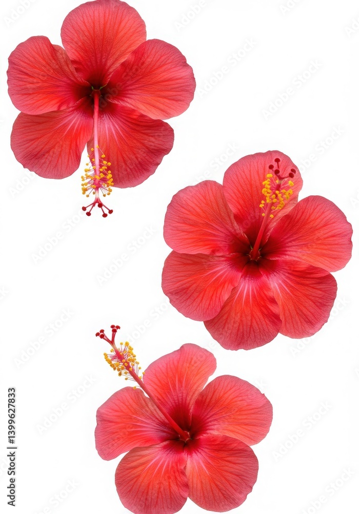 Bright red hibiscus flowers displayed in four corners on a plain white background in bloom
Bright red hibiscus flowers displayed in four corners on a plain white background in bloom
