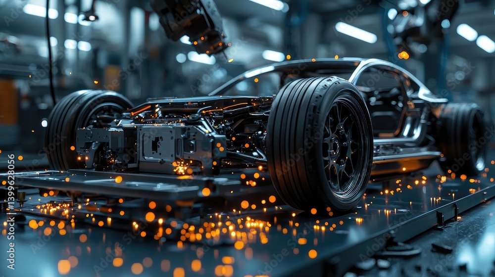 Fototapeta premium Automated car chassis assembly. Precision robotic arm working on vehicle frame. Modern manufacturing process