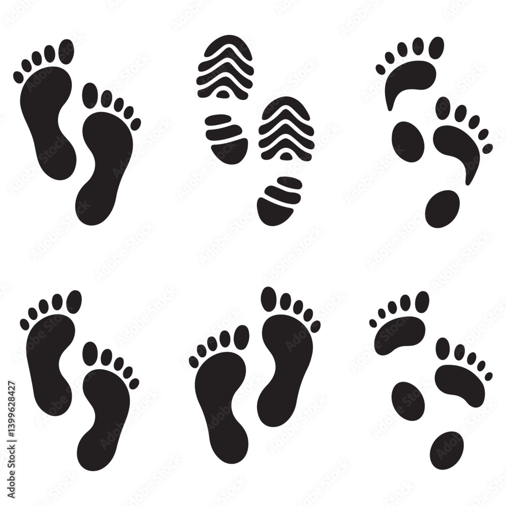 Different human footprints icon. Vector Black silhouettes. with white background Different human footprints icon. Vector Black silhouettes. with white background