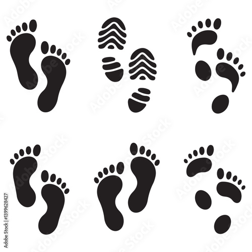Different human footprints icon. Vector Black silhouettes. with white background