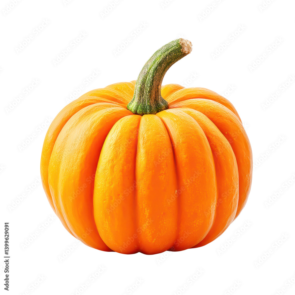 Obraz premium Single orange pumpkin with a green stem on a white background. Autumn harvest.