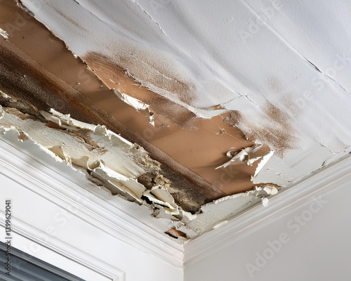 restoration of water damage, displaying a white ceiling that is soiled and ruined, with evident water stains and flaking paint.