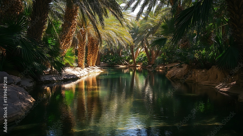 Palm Trees Reflecting on Tranquil River Oasis Palm Trees Reflecting on Tranquil River Oasis