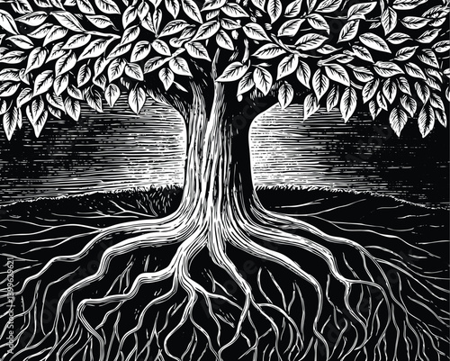 tree with deep roots glowing subtly underground — the power beneath stillness, stylized roots and leaves in layered vector art