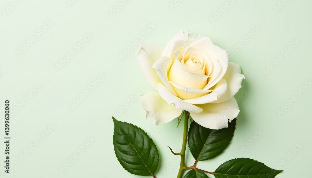 Fototapeta premium White rose with green leaves on a solid color background, top view. photo.