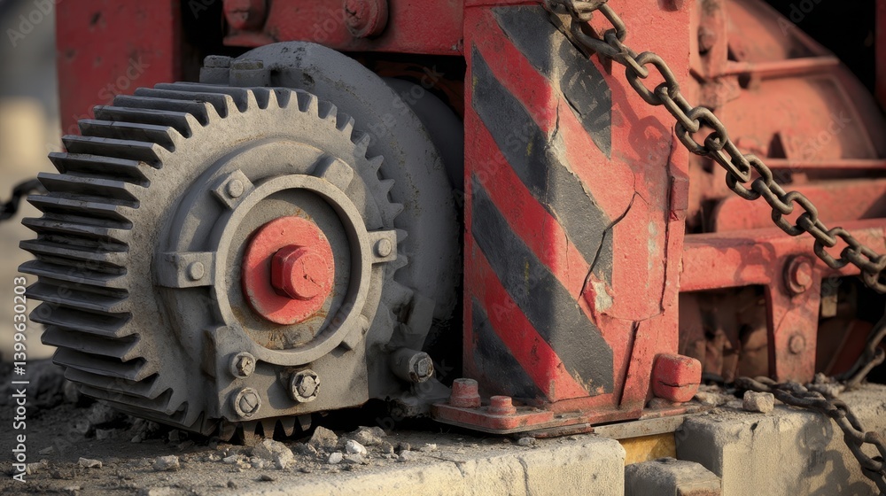 Industrial machinery with safety barrier damaged, exposed gears - setting exposed cogs texture scene Industrial machinery with safety barrier damaged, exposed gears - setting exposed cogs texture scene