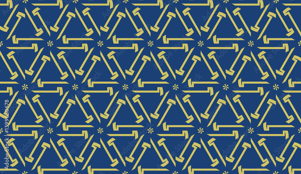 Vector seamless geometric pattern. Triangles curved line. For wallpaper, presentation background, interior design, fashion print. Blue, dark yellow color Vector seamless geometric pattern. Triangles curved line. For wallpaper, presentation background, interior design, fashion print. Blue, dark yellow color