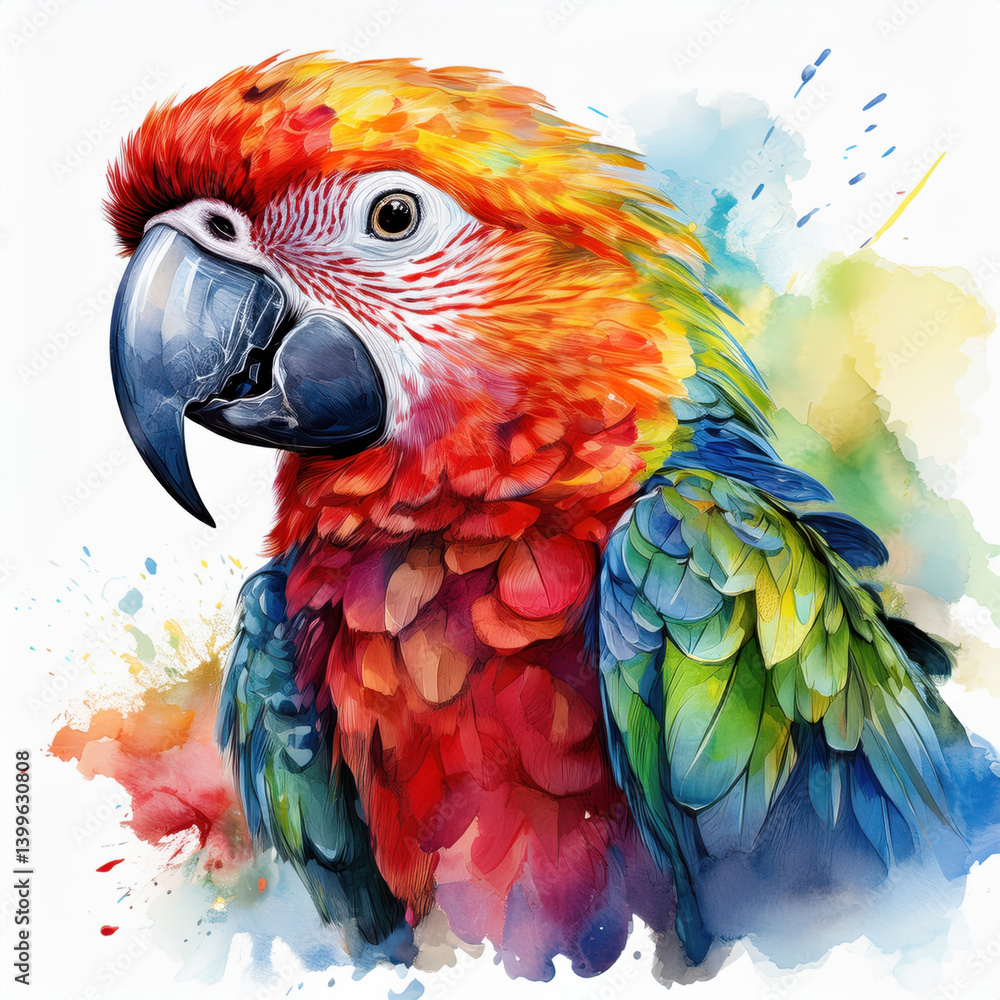 Obraz premium vibrant watercolor painting of parrot showcases its stunning feathers in blend of bright colors. artwork captures beauty and liveliness of this exotic bird, evoking sense of joy and wonder