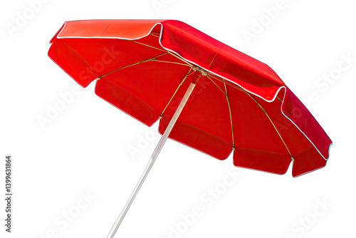 a vibrant red beach umbrella with a white trim designed to provide shade and protection from the sun ideal for outdoor leisure activities