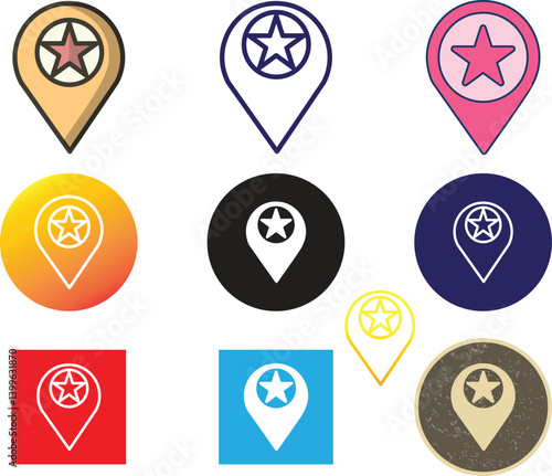 Flat vector illustration of a location icon with a star inside, representing a favorite or top place. Set includes various color versions. Isolated on white background