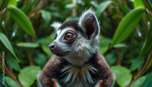 A hyper-realistic, close-up side view, animal selfie, symmetrical close-up shot of a mouse lemur in a jungle captured through an anamorphic lens.
