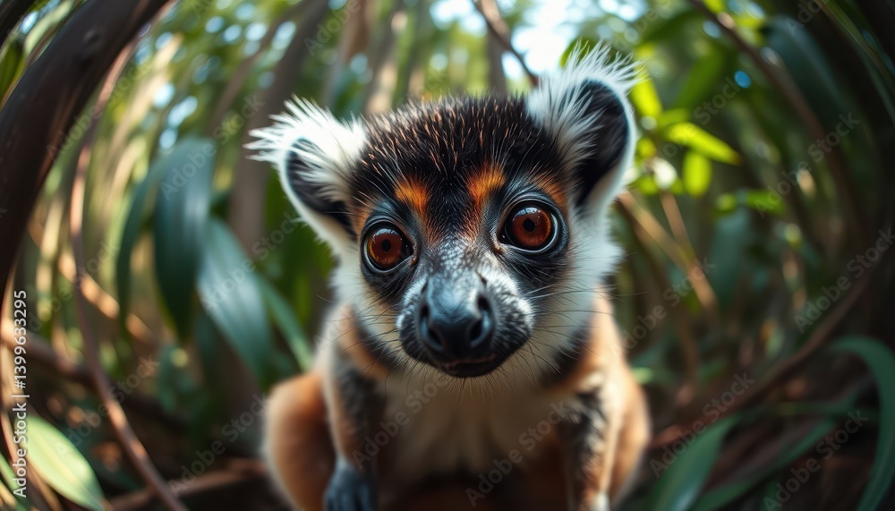 Obraz premium A hyper-realistic, close-up front view, animal selfie, symmetrical close-up shot of a mouse lemur in a jungle captured through an anamorphic lens.