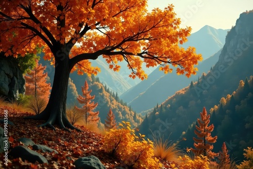 The canopy above a lone pine tree is ablaze with golden autumn colors, trees, foliage, forest floor