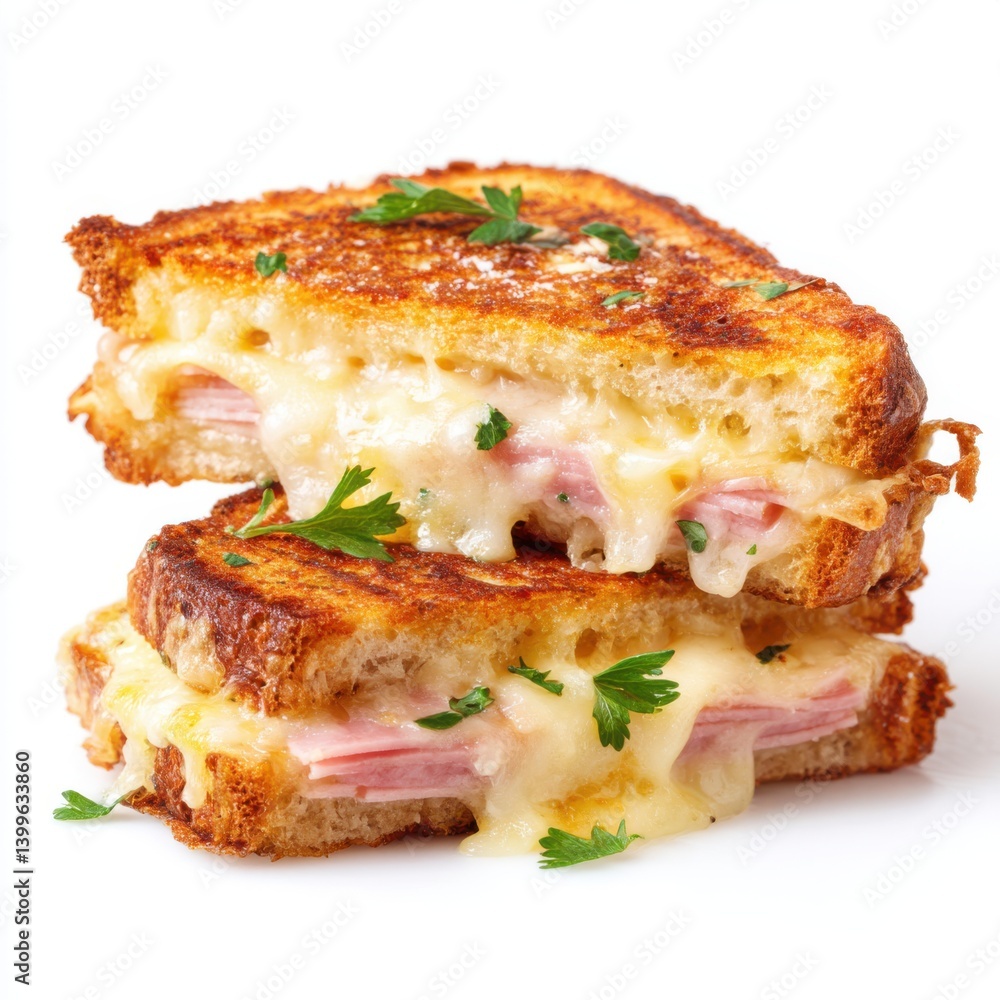 A stack of grilled cheese sandwiches with ham and parsley garnish isolated on white background A stack of grilled cheese sandwiches with ham and parsley garnish isolated on white background