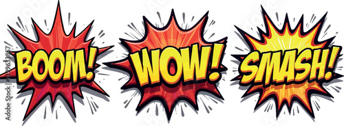  vector illustration featuring a set of three classic comic book style sound effect bursts. 