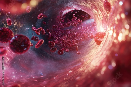 Microscopic view of red blood cells flowing through a blood vessel, illustrating circulatory system.