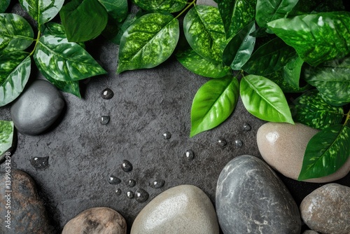 Photography Serene spa scene with smooth stones, lush green leaves, and water droplets on a dark surface