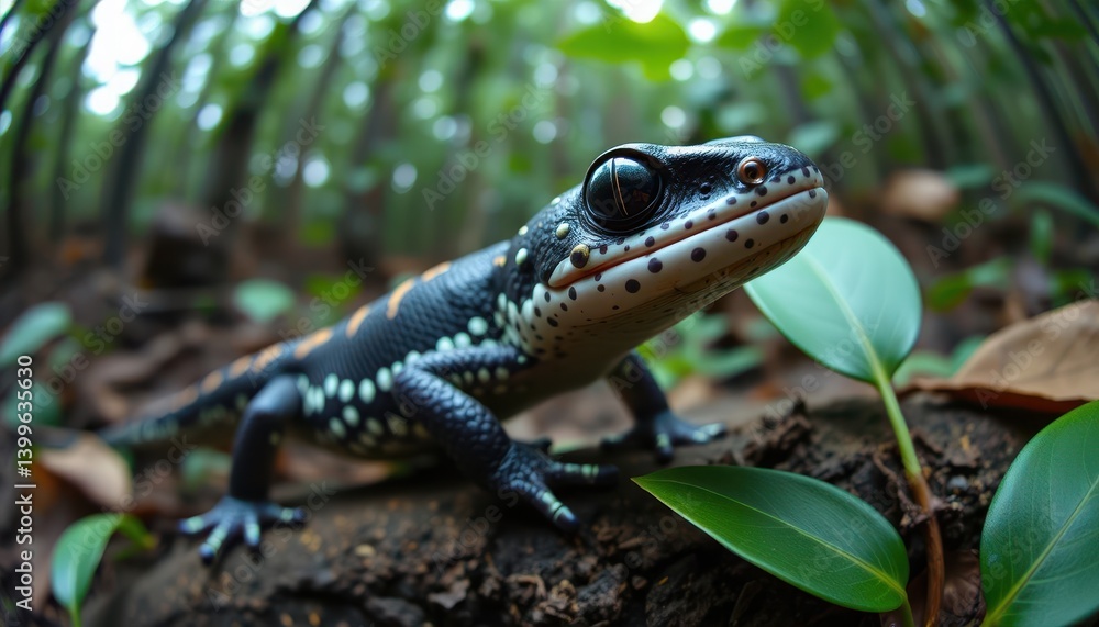 Naklejka premium A hyper-realistic, close-up side view, animal selfie, symmetrical close-up shot of salamander in a jungle captured through an anamorphic lens.