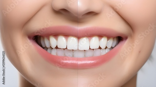 A realistic HD photograph of a woman showing a collage of her teeth before and after whitening, with a clear distinction between the two stages, set against a clean white background.
