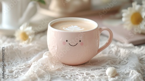 Pink cup of latte art on lace tablecloth with flowers