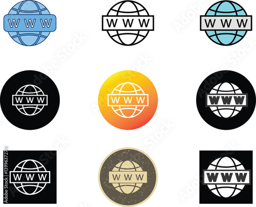 World wide web icon set with 9 colorful vector designs. Includes internet globe, hyperlink symbols, browser icons, and www graphics in a modern, minimal cartoon style.