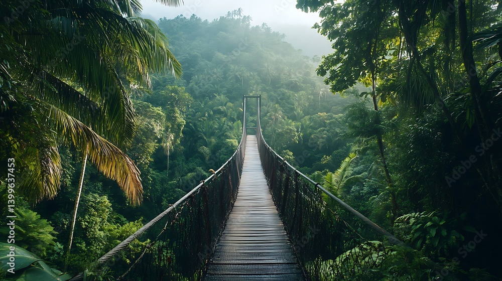 Fototapeta premium Walking Suspension Bridge Through Lush Tropical Rainforest Jungle