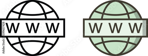 World wide web icon set with 2 colorful vector designs. Includes internet globe, hyperlink symbols, browser icons, and www graphics in a modern, minimal cartoon style.