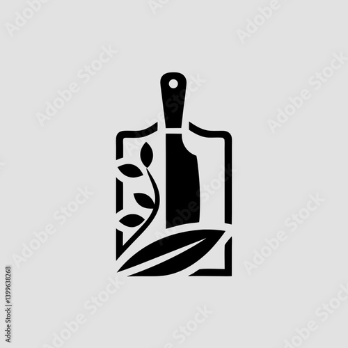 A rustic black and white chef logo showing a wooden cutting board with a knife and herbs