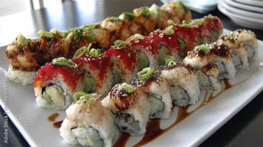 A colorful selection of sushi rolls, including vegetarian and seafood options, arranged attractively - healthy asian assorted selection menu A colorful selection of sushi rolls, including vegetarian and seafood options, arranged attractively - healthy asian assorted selection menu