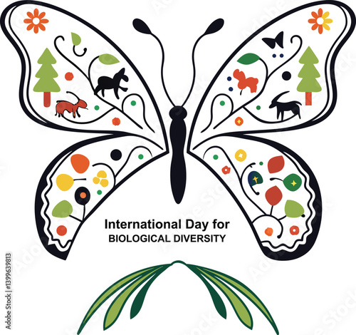 Biodiversity Butterfly Illustration: A vibrant, stylized butterfly illustration celebrating International Day for Biological Diversity, showcasing flora and fauna within its wings.