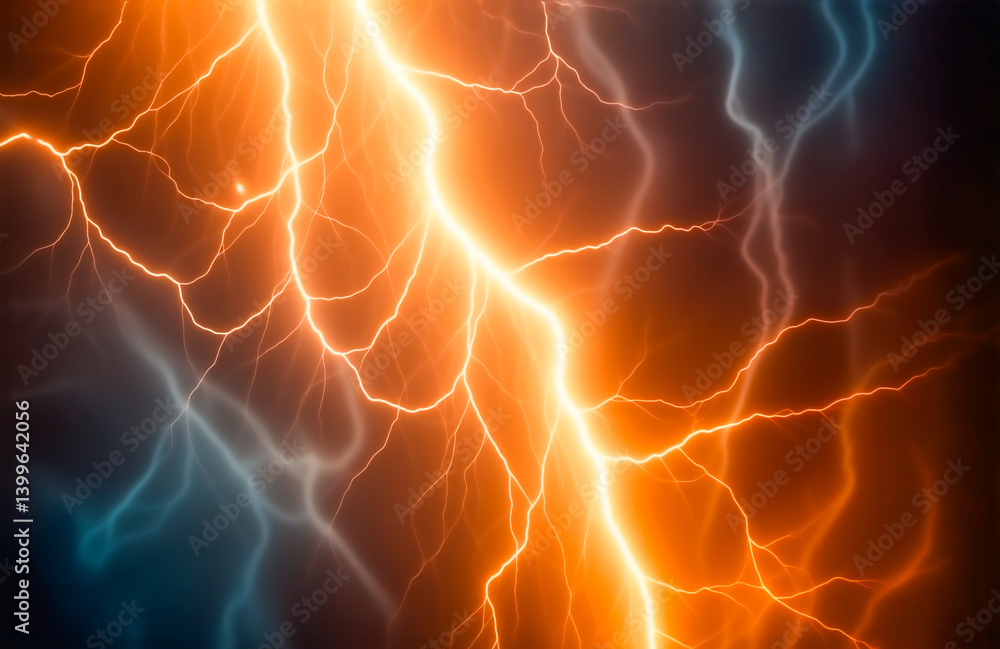 Obraz premium Fiery orange and cool blue electric bolts clash in a dramatic display of energy, creating a visually stunning abstract image of power.