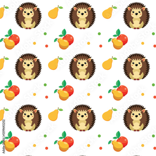 Seamless autumn pattern with hedgehog and autumn fruits