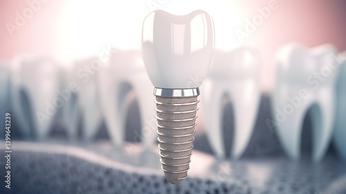 Dental implant concept design in a detailed 3D illustration, showcasing the process and structure of an implant with realistic textures and clarity, captured as if photographed with an HD camera.