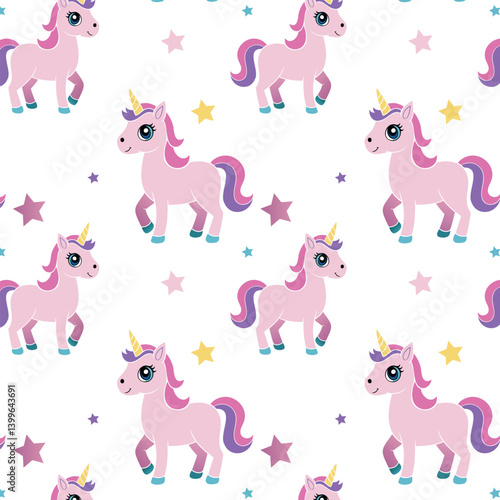 Seamless pattern kids theme with pink unicorn, cartoon style, for many designs and prints