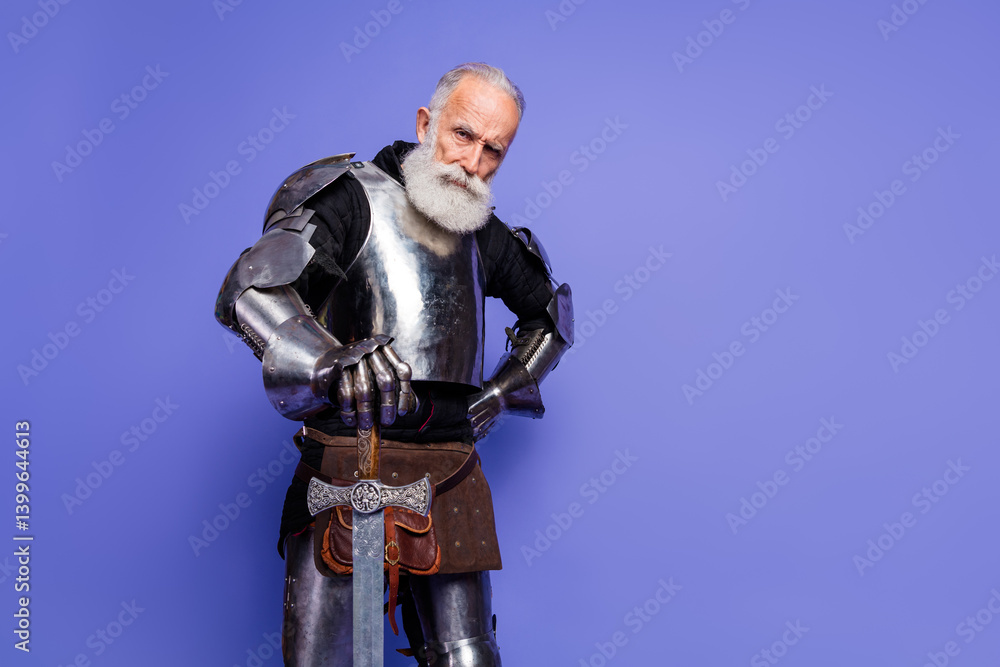 A mature bearded man wearing medieval armor standing confidently against a purple backdrop A mature bearded man wearing medieval armor standing confidently against a purple backdrop