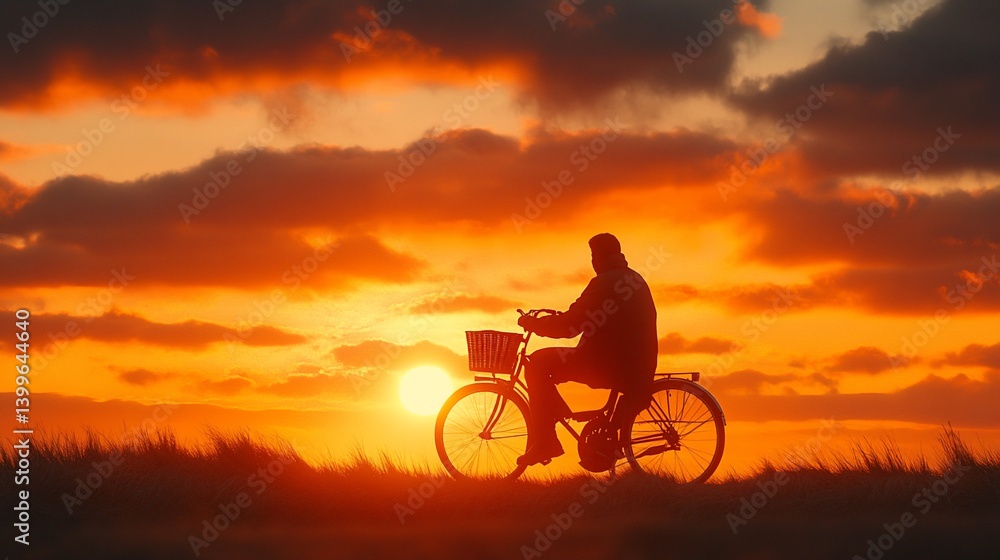 Obraz premium Man cycling with basket in silhouette during a beautiful, golden sunset sky