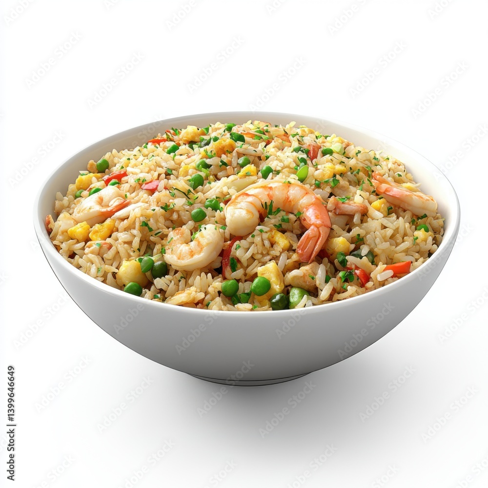 a hyper-realistic 3D rendering of a bowl of fried rice, with shrimp, a hyper-realistic 3D rendering of a bowl of fried rice, with shrimp,
